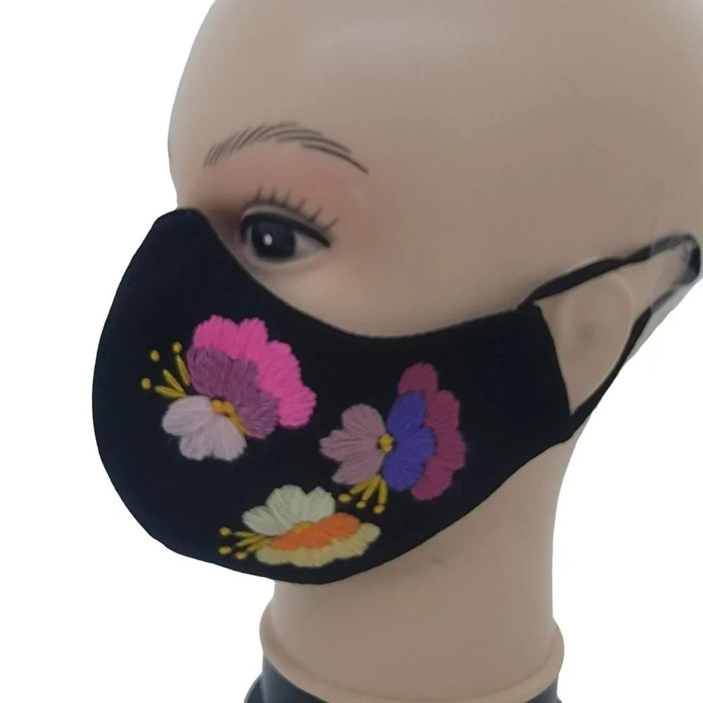 New Cover Face ear loop Women Black Mask Embroidered handmade big Flowers roses